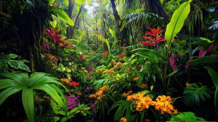 Lush tropical rainforest scene, vibrant flora fills the frame, creating a dense, colorful environment
