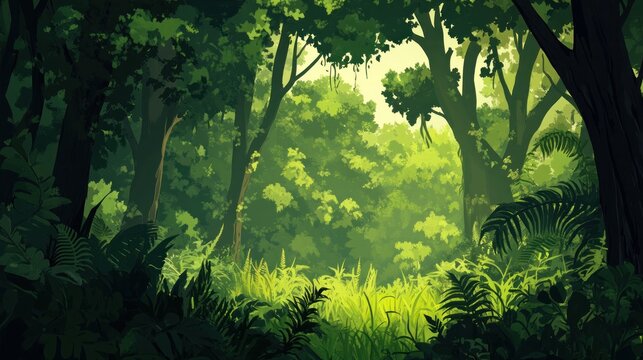 Lush, verdant forest scene with sunlight filtering through dense foliage