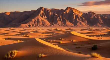 Fototapeta premium Majestic Desert Landscape at Sunrise with Golden Dunes and Mountains.