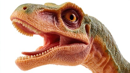 Fototapeta premium Close-up of a dinosaur's head. A small, detailed dinosaur head, likely a toy, is shown against a white background. The head is light orange-tan, with greenish-gray scales.