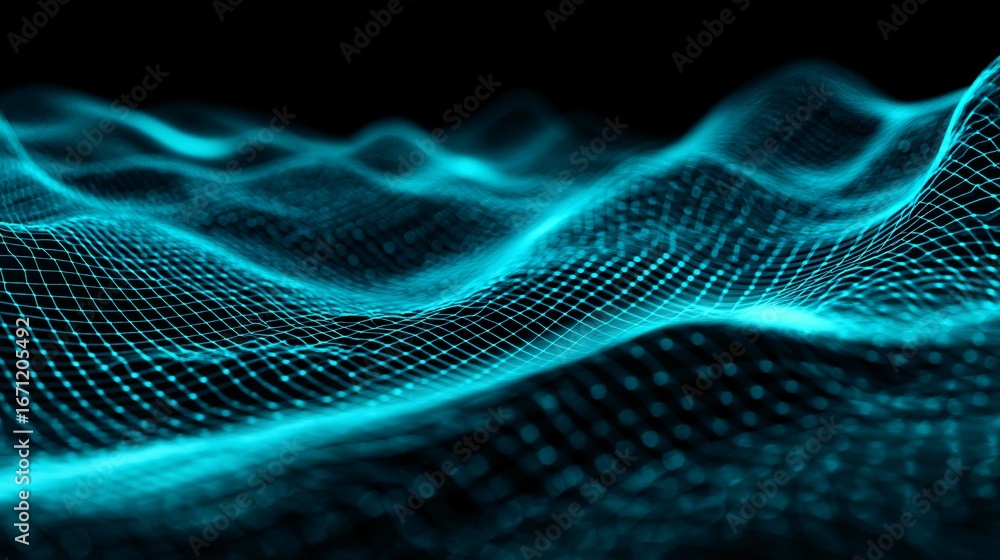 Poster a vibrant teal network of interconnected points and lines creates a dynamic, undulating wave pattern
