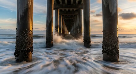 Underneath the Pier - Ocean Waves at Sunset.