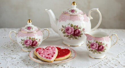 Elegant Tea Set with Heart-Shaped Cookies, Roses, and Delicate Lace