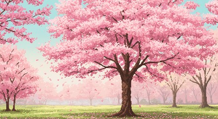 Cherry Blossom Tree Blooming in Pixel Art Style
