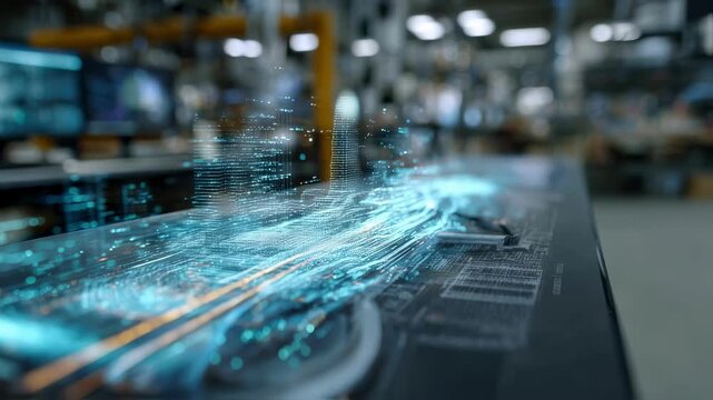 Medium shot capturing a holographic 4D timeline projection hovering above a workstation crisp and clear in focus while the mixedreality construction site fades softly in the