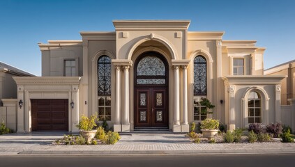 Elegant beige stucco home with arched entryway