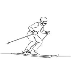 skier player, simple minimalist aesthetic one line art, isolated on white background
