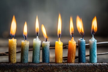 Row of lit candles in various colors, on a rustic metal stand