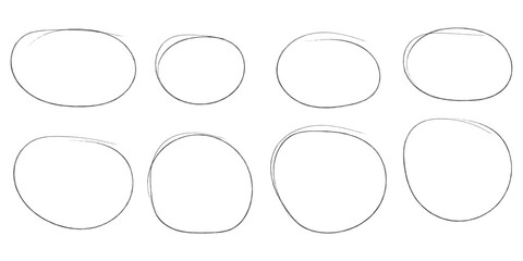 Hand drawn Black crayon ovals and circles set. Ellipses in Black pencil doodle style. Round freehand shapes, emphasis highlights. Rough crayon circles. Variety best design Black crayon ovals. EPS 10