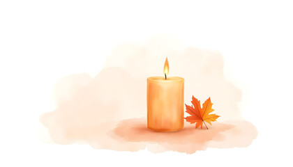 Orange candle with flame and autumn leaf on soft background  