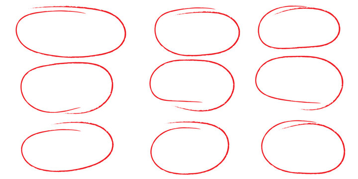 Hand drawn Red crayon ovals and circles set. Ellipses in red pencil doodle style. Round freehand shapes, emphasis highlights. Red round rough thin frames. Best Design Vector illustrator. EPS 10