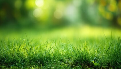 Close-up of vibrant green grass blades in sunlight, soft out-of-focus background of trees and foliage