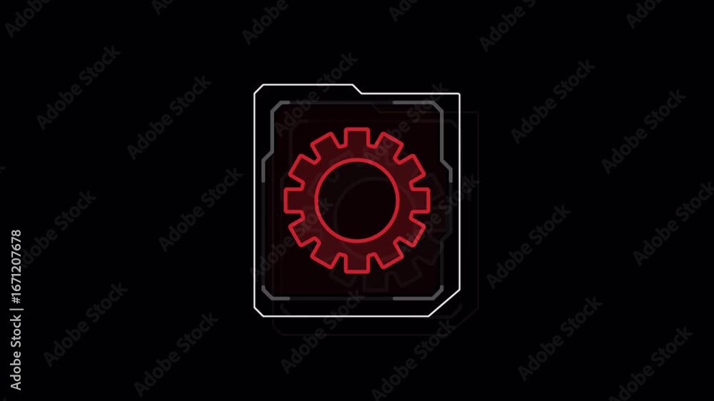 Poster futuristic red gear icon animation with digital interface elements on black background