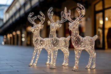 Three reindeers with lights in antlers