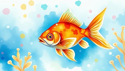 Fototapeta premium Whimsical watercolor goldfish, vibrant colors, serene underwater scene, playful style, aquatic, fantasy