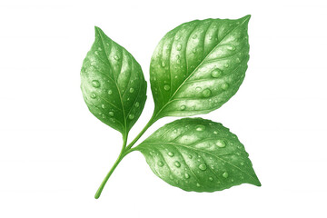 Vibrant green leaves sparkling with water droplets, gleaming against transparent backdrop, highlighting botanical freshness