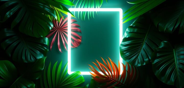 White neon square illuminates tropical leaves in minimal flat lay ,  nature,  greenery