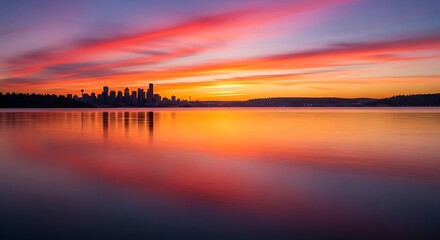 Obraz premium Vibrant Sunset Over City Skyline Reflected in Calm Water.