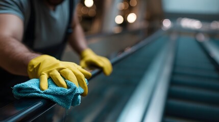 Worker cleaning escalator handrails in a mall