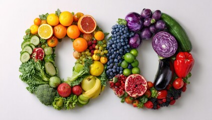 Colorful rainbow-hued fruits and vegetables arranged in two overlapping "0"s