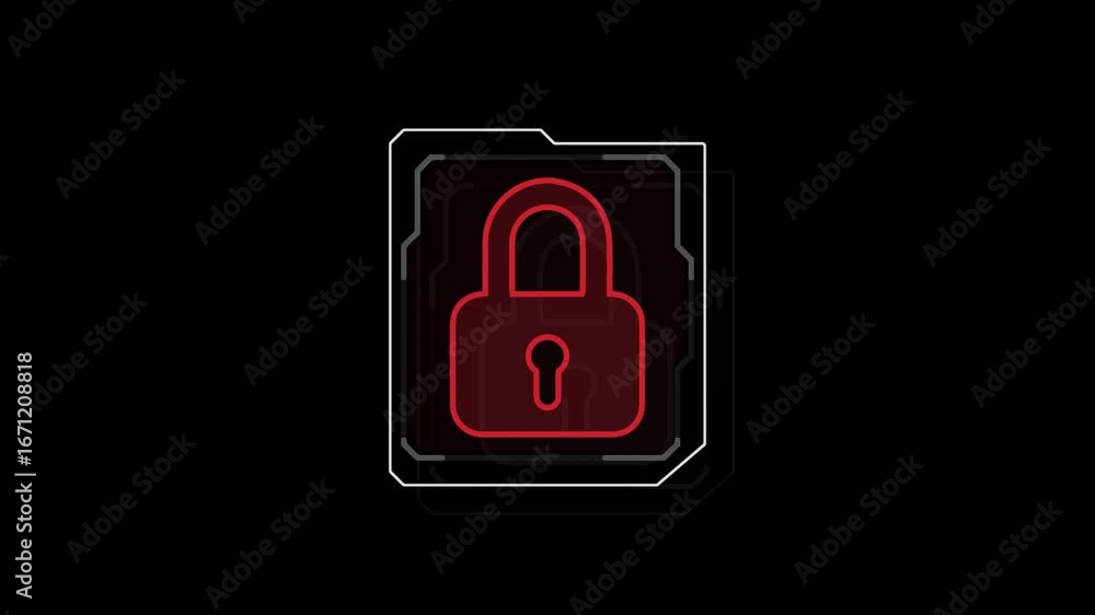 Poster futuristic red lock icon with digital interface elements on black background