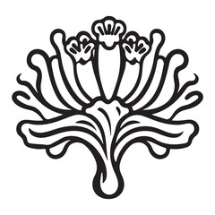 line art illustration of a stylized floral or floral ornament.