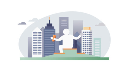 Triumphant champion sitting atop winners podium with city skyline backdrop, celebrating success and leadership, a symbol of achievement and corporate victory, motivational goals