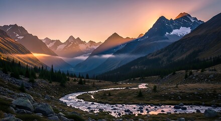 Majestic Mountain Sunset Landscape with River.