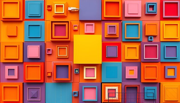 Composition focused on squares of various sizes and colors arran