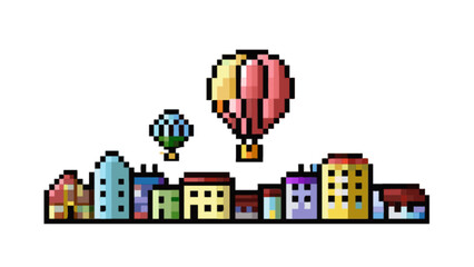 Obraz premium Pixelated cityscape featuring colorful hot air balloons over a charming urban skyline, perfect for retro gaming projects, nostalgic designs, or 8-bit inspired graphics