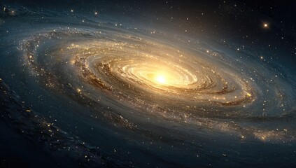A spiral galaxy, vast and swirling with golden light against a dark backdrop of space.  Stars and nebulous clouds form intricate patterns within its spiral arms.