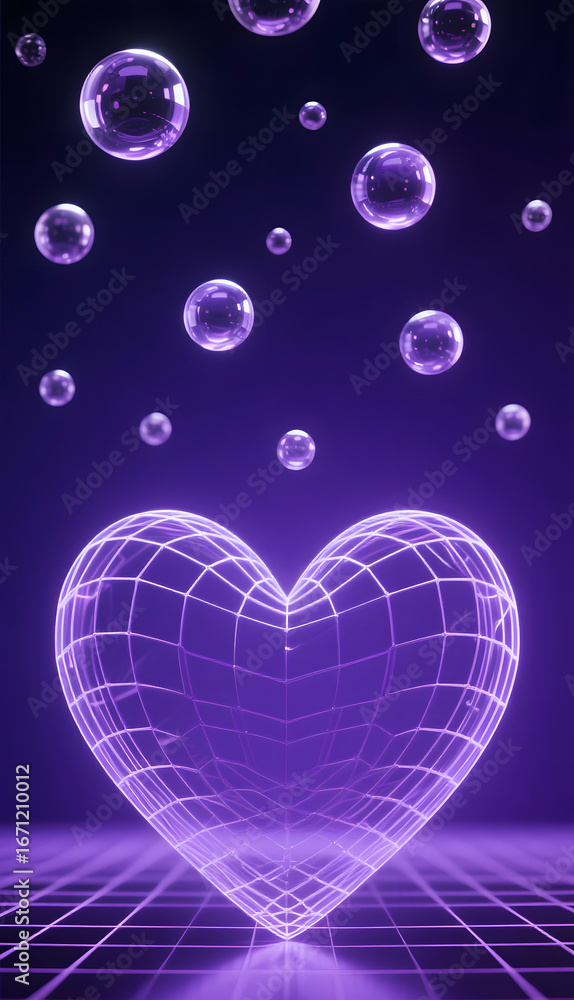 Aufkleber glowing heart with grid pattern and floating bubbles in a futuristic setting