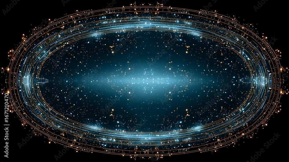 Poster an oval-shaped frame encircles a deep space scene with many glowing, sparkling points of light, and 