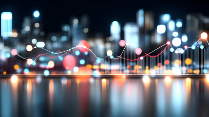 Dynamic financial data visualization with glowing lines and city lights, perfect for business reports and presentations