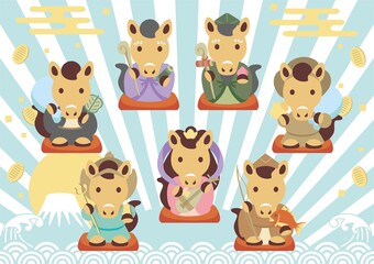 年賀状　年賀　2026　干支　七福神　宝船　富士山　午年　午　馬　うま　かわいい　和風イラスト　素材