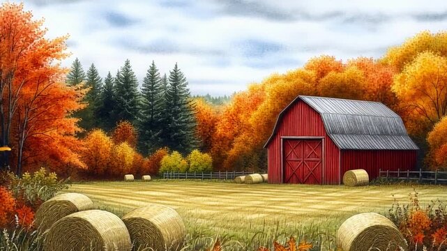 Red barn hay bale autumn tree orange leaf rural landscape cloudy sky peaceful countryside field farm fall foliage wooden fence pine tree