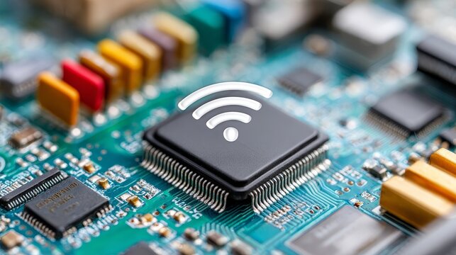 Close-up of a circuit board with a wifi symbol on a microchip highlighting technology and connectivity