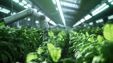 Robotic arms tending rows of lush green plants under bright, artificial lights within a large indoor agricultural facility