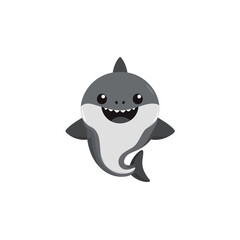 A cheerful cartoon shark swims joyfully, showcasing a big smile. The character has a sleek design and lively expression, set against a light grey backdrop.