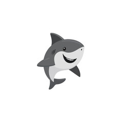 Naklejka premium A cheerful cartoon shark swims joyfully, showcasing a big smile. The character has a sleek design and lively expression, set against a light grey backdrop.