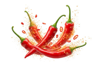 Vibrant red chili peppers splashing with seasoning isolated on transparent background