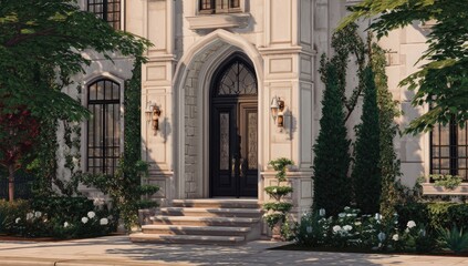 Elegant, light cream-colored mansion entrance with black door and Gothic arch. Lush landscaping surrounds the steps
