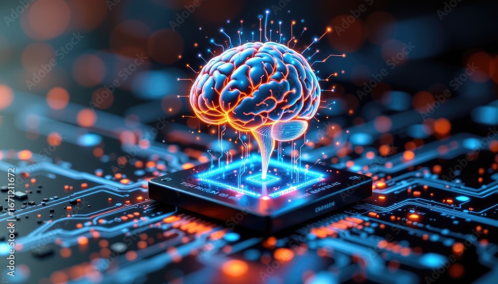 Aufkleber futuristic 3d visualization of a glowing brain on a microchip with circuit patterns and neon lights