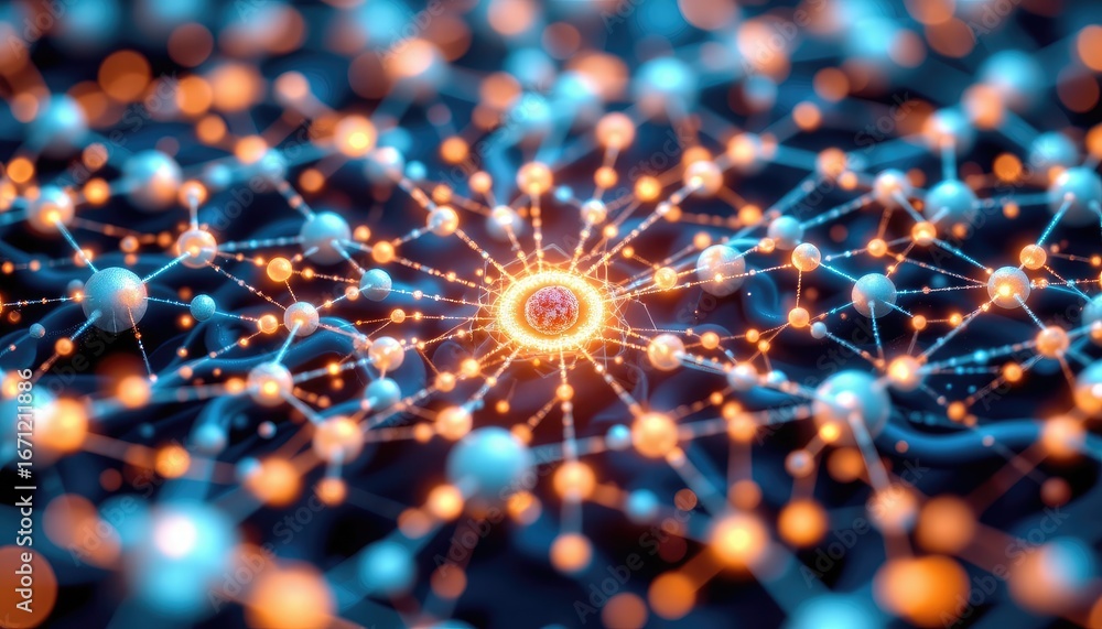 Poster abstract visualization of interconnected nodes and links in a colorful network structure representin