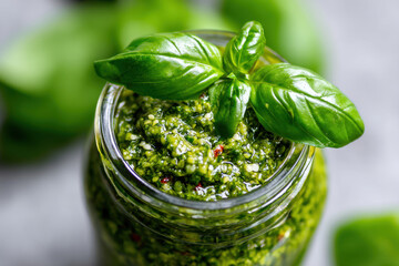 Preserving jar of homemade basil pesto