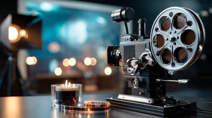 Naklejka premium Vintage film projector with film reels in retro cinema setting