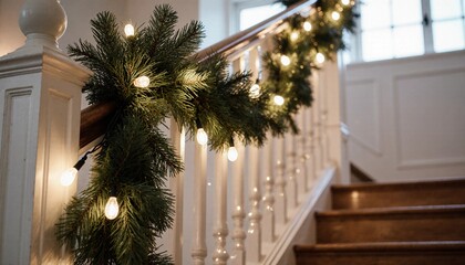 Cozy staircase decorated with glowing Christmas garland and warm string lights for the holiday season