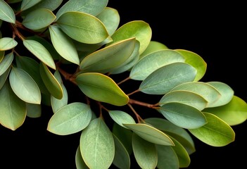 Fototapeta premium Silvery-green eucalyptus leaves arranged on a deep black backdrop, leaves, green