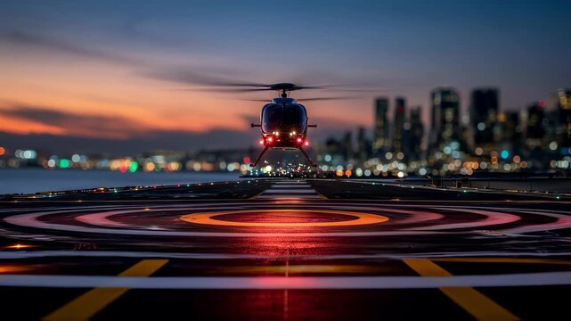Focus on an illuminated vertiport helipad surface under twilight with a hovering air taxi softly blurred in the distance against the cityscape.