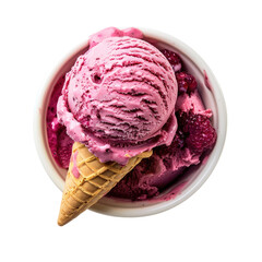 Overhead view of a bowl of pink ice cream with a waffle cone